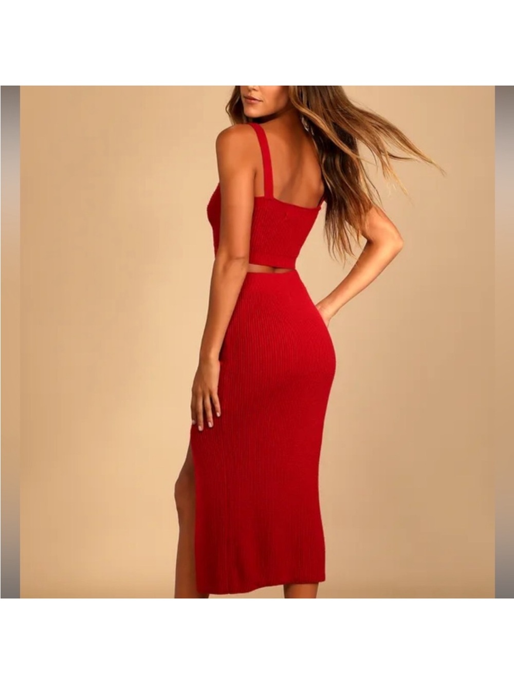 Lulu's Red Ribbed Midi Skirt with Front Slit. Skirt L, tops M - Picture 5 of 11